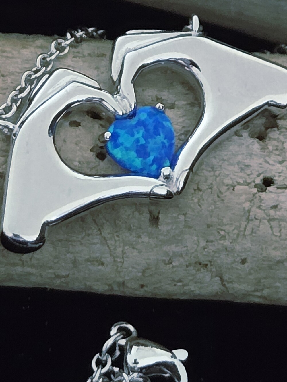 Sterling Silver Heart Hands Necklace W/ Blue Fire Opal Heart Stone 16" W 2" Ext